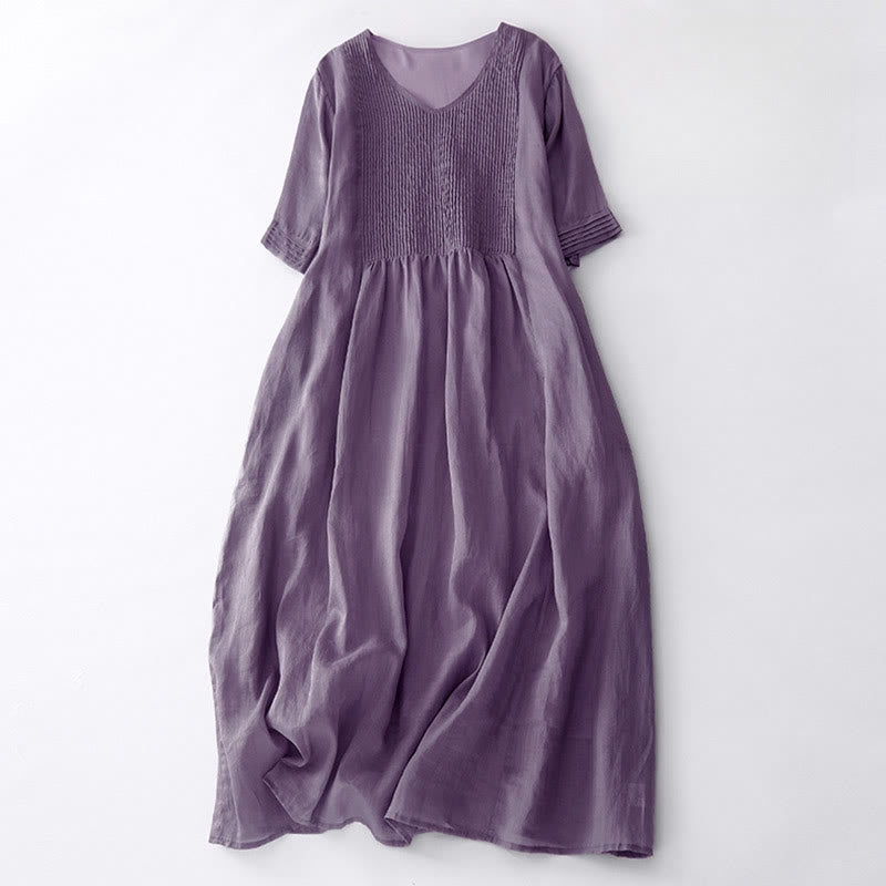Buddha Stones – Lässiges, schlichtes Midikleid aus Baumwolle mit Akkordeonfalten, V-Ausschnitt, kurzen Ärmeln und Taschen - Pflaume - US14， UK/AU18，EU46 (2XL) - image 2