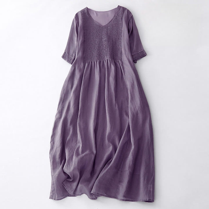 Buddha Stones – Lässiges, schlichtes Midikleid aus Baumwolle mit Akkordeonfalten, V-Ausschnitt, kurzen Ärmeln und Taschen - Pflaume - US14， UK/AU18，EU46 (2XL) - image 2