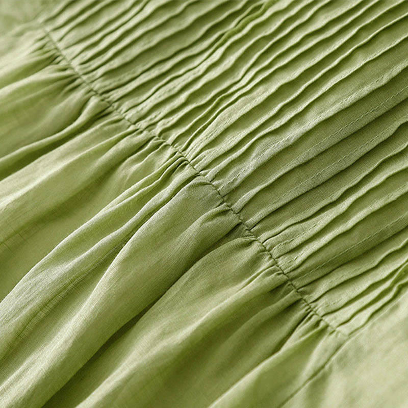 Buddha Stones Lässiges, plissiertes Midikleid mit V-Ausschnitt, kurzen Ärmeln und Taschen - image 14