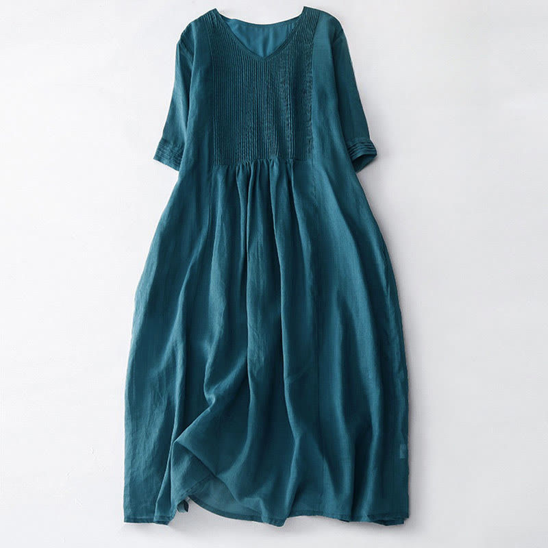 Buddha Stones – Lässiges, schlichtes Midikleid aus Baumwolle mit Akkordeonfalten, V-Ausschnitt, kurzen Ärmeln und Taschen - Stahlblau - US14， UK/AU18，EU46 (2XL) - image 37