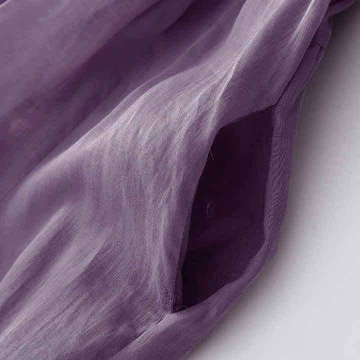 Buddha Stones Lässiges, plissiertes Midikleid mit V-Ausschnitt, kurzen Ärmeln und Taschen - image 4