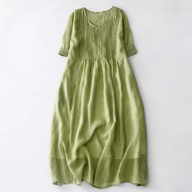 Buddha Stones Lässiges, plissiertes Midikleid mit V-Ausschnitt, kurzen Ärmeln und Taschen - Gelbgrün - US14, UK/AU18, EU46 (2XL) - image 9