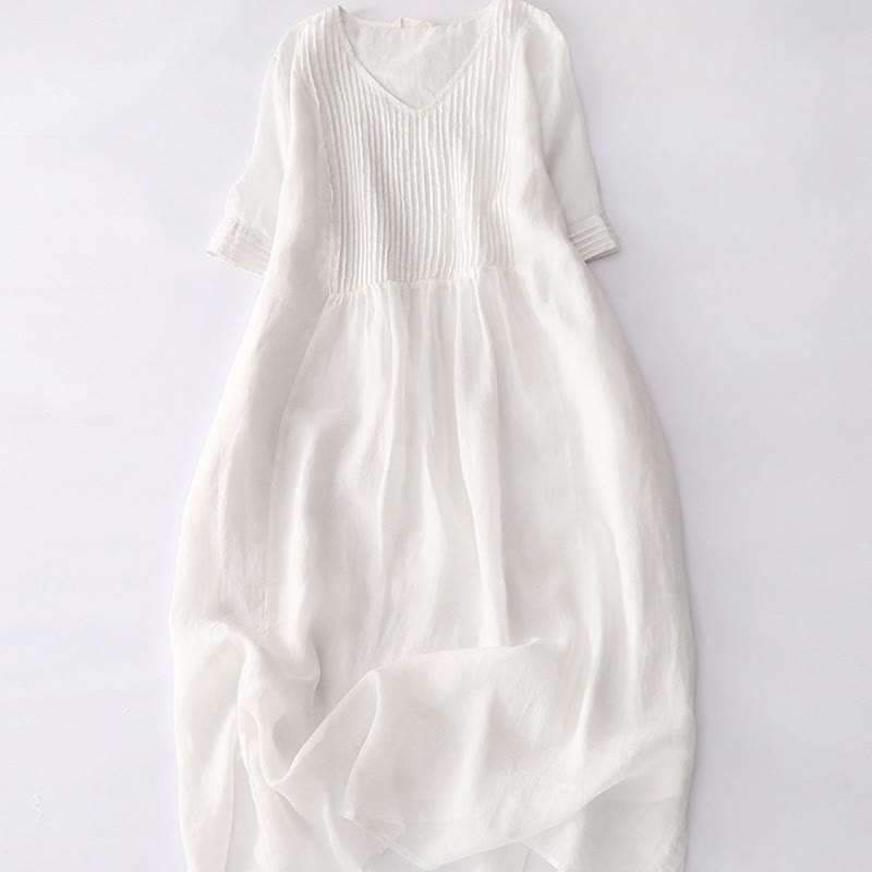Buddha Stones – Lässiges, schlichtes Midikleid aus Baumwolle mit Akkordeonfalten, V-Ausschnitt, kurzen Ärmeln und Taschen - Schnee - US14， UK/AU18，EU46 (2XL) - image 45