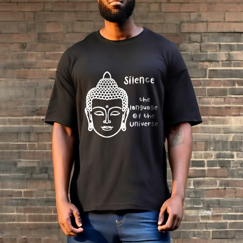 Buddha Stones Lässiges Baumwoll-T-Shirt mit meditierendem Buddha-Kopf-Muster - image 3