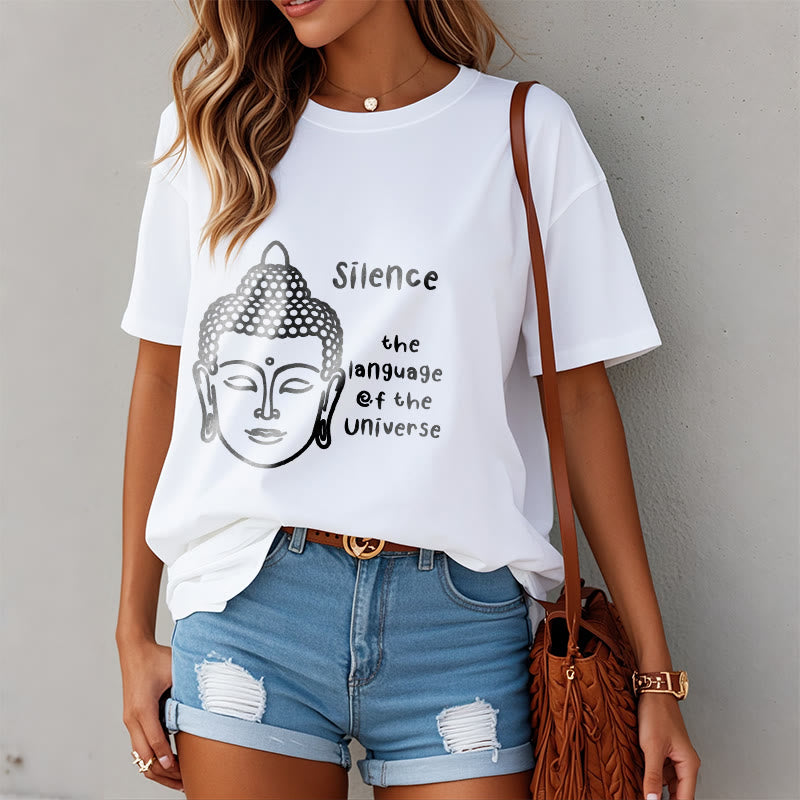Buddha Stones Lässiges Baumwoll-T-Shirt mit meditierendem Buddha-Kopf-Muster - image 8