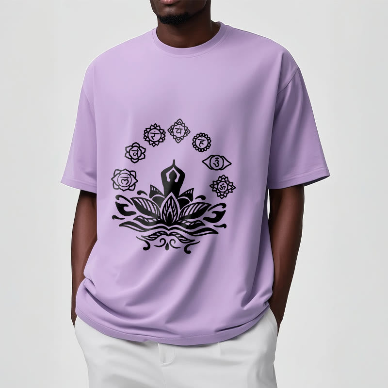 Buddha Stones Lässige meditierende Figur Lotusblume Sieben Chakren Muster Baumwoll-T-Shirt - image 18