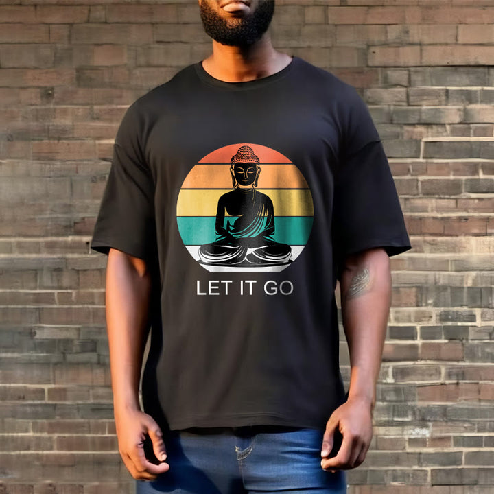 Buddha Stones Lässiges, bunt gestreiftes Hintergrund-T-Shirt mit meditierendem Buddha-Muster aus Baumwolle - image 6