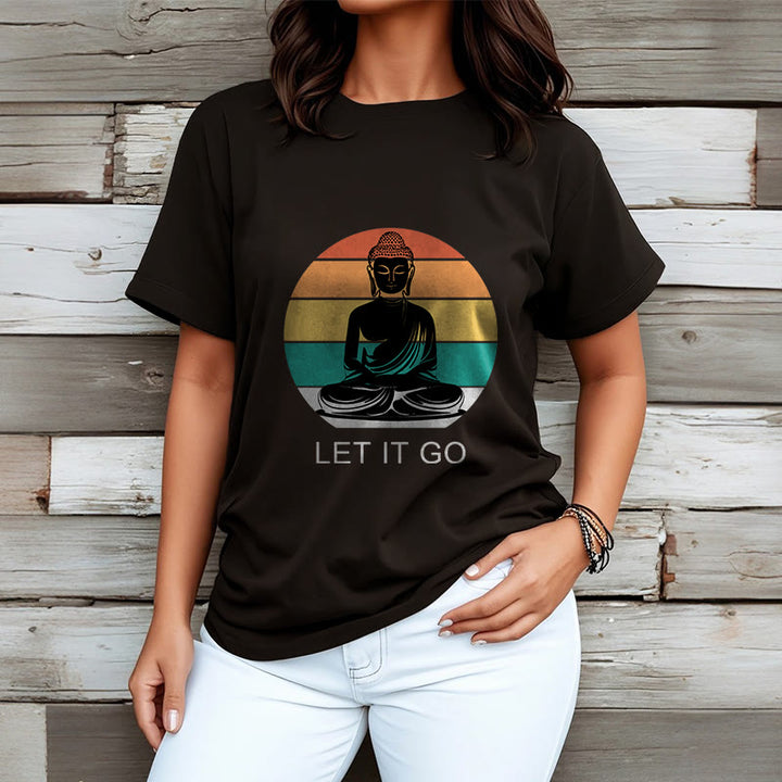 Buddha Stones Lässiges, bunt gestreiftes Hintergrund-T-Shirt mit meditierendem Buddha-Muster aus Baumwolle - image 7