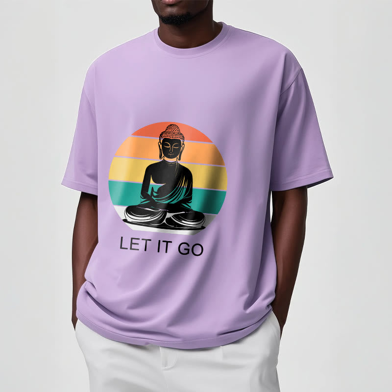 Buddha Stones Lässiges, bunt gestreiftes Hintergrund-T-Shirt mit meditierendem Buddha-Muster aus Baumwolle - image 18