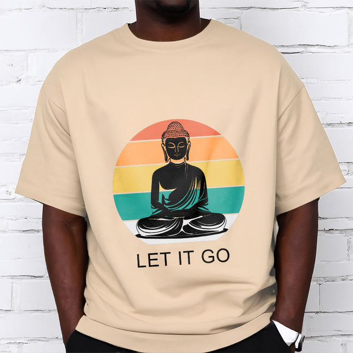 Buddha Stones Lässiges, bunt gestreiftes Hintergrund-T-Shirt mit meditierendem Buddha-Muster aus Baumwolle - image 12