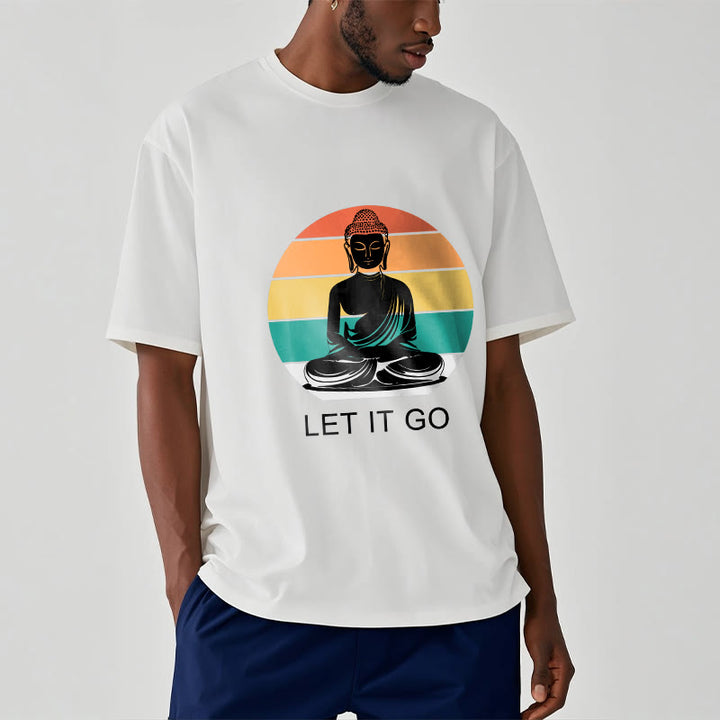 Buddha Stones Lässiges, bunt gestreiftes Hintergrund-T-Shirt mit meditierendem Buddha-Muster aus Baumwolle - image 9
