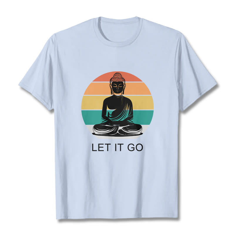 Buddha Stones Lässiges, bunt gestreiftes Hintergrund-T-Shirt mit meditierendem Buddha-Muster aus Baumwolle - HellCyan - 2XL - image 19
