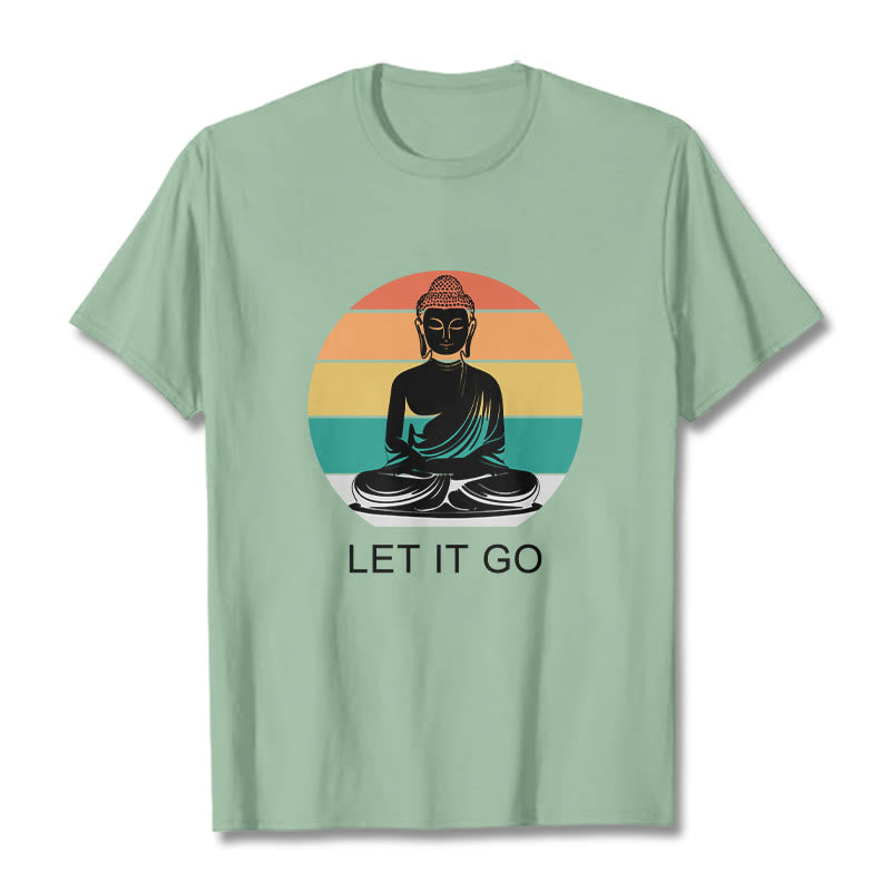 Buddha Stones Lässiges, bunt gestreiftes Hintergrund-T-Shirt mit meditierendem Buddha-Muster aus Baumwolle - Blassgrün - 2XL - image 15