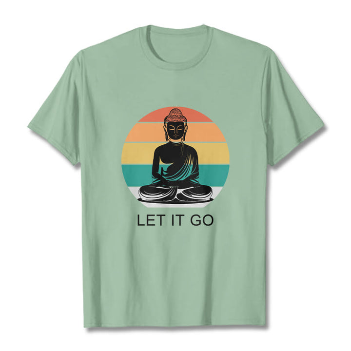 Buddha Stones Lässiges, bunt gestreiftes Hintergrund-T-Shirt mit meditierendem Buddha-Muster aus Baumwolle - Blassgrün - 2XL - image 15