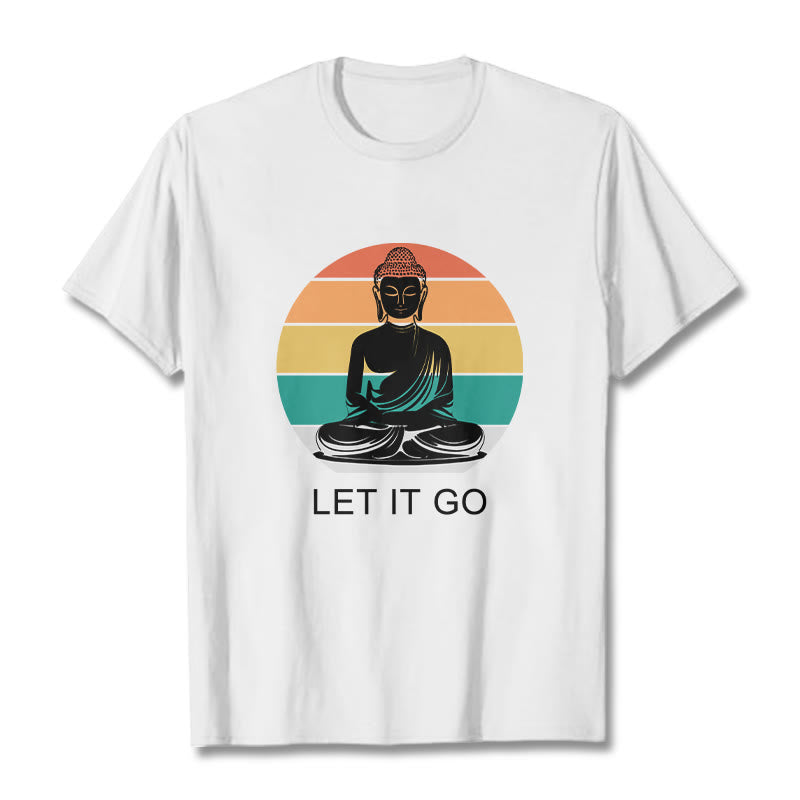 Buddha Stones Lässiges, bunt gestreiftes Hintergrund-T-Shirt mit meditierendem Buddha-Muster aus Baumwolle - Weiß - 2XL - image 8