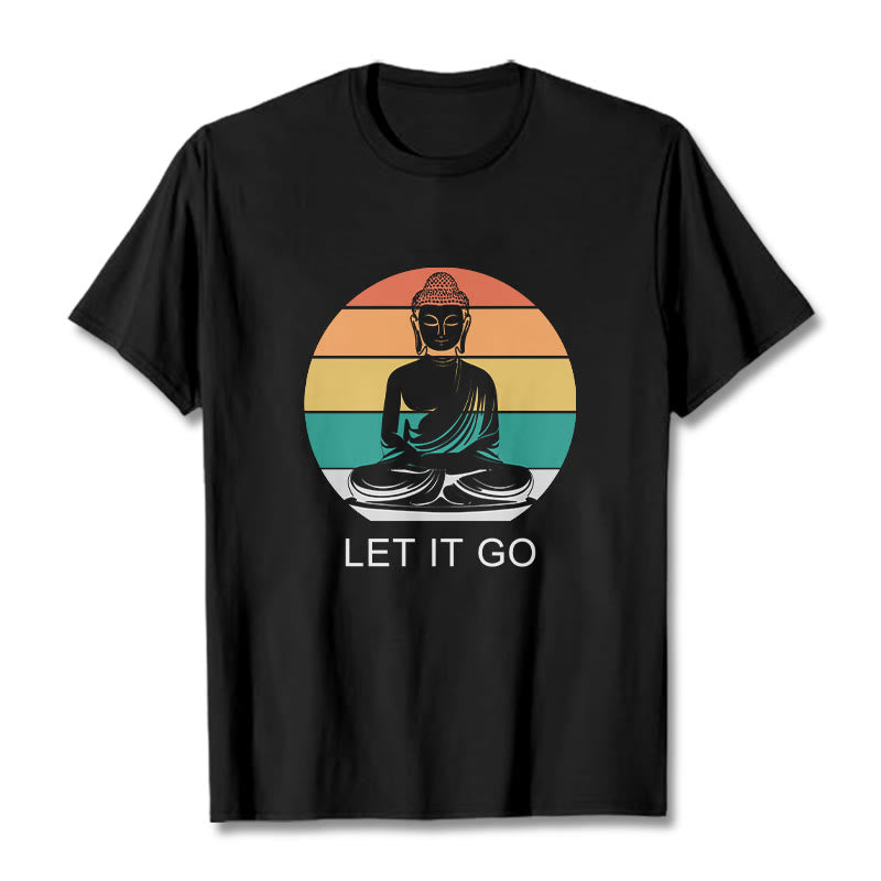 Buddha Stones Lässiges, bunt gestreiftes Hintergrund-T-Shirt mit meditierendem Buddha-Muster aus Baumwolle - Schwarz - 2XL - image 4