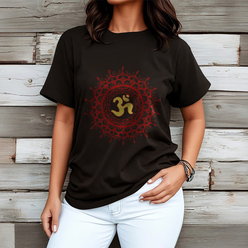 Buddha Stones Lässiges rotes Mandala Om Symbol Muster Baumwoll-T-Shirt - image 3