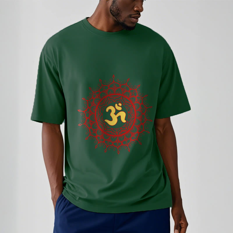 Buddha Stones Lässiges rotes Mandala Om Symbol Muster Baumwoll-T-Shirt - image 11