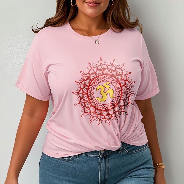 Buddha Stones Lässiges rotes Mandala Om Symbol Muster Baumwoll-T-Shirt - image 14