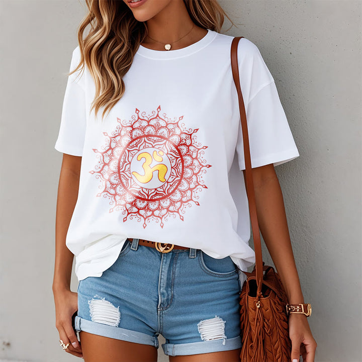 Buddha Stones Lässiges rotes Mandala Om Symbol Muster Baumwoll-T-Shirt - image 8