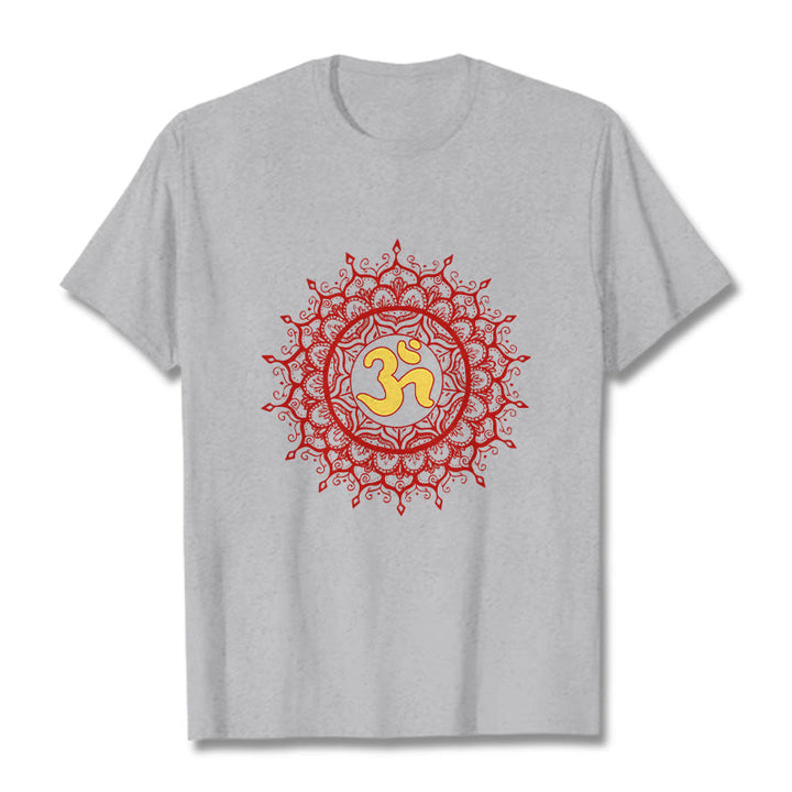 Buddha Stones Lässiges rotes Mandala Om Symbol Muster Baumwoll-T-Shirt - Hellgrau - 2XL - image 19