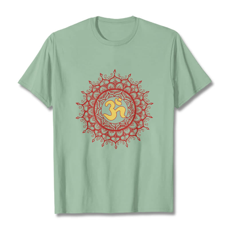 Buddha Stones Lässiges rotes Mandala Om Symbol Muster Baumwoll-T-Shirt - Hellgrün - 2XL - image 14