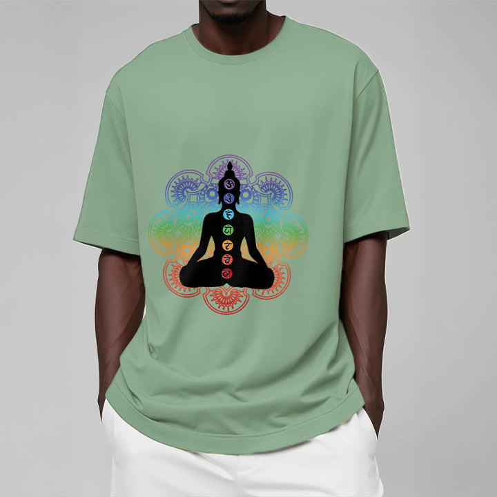 Buddha Stones Lässige meditierende Figur Buntes Mandala-Muster Baumwoll-T-Shirt - image 16