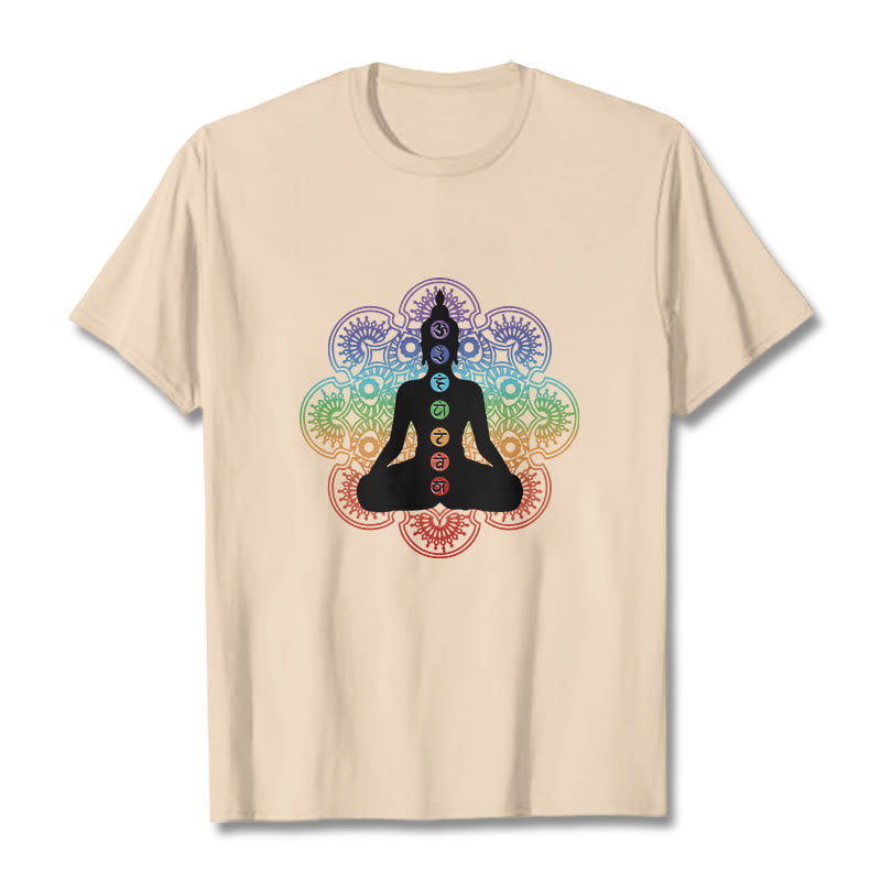 Buddha Stones Lässige meditierende Figur Buntes Mandala-Muster Baumwoll-T-Shirt - Bisque - 2XL - image 9