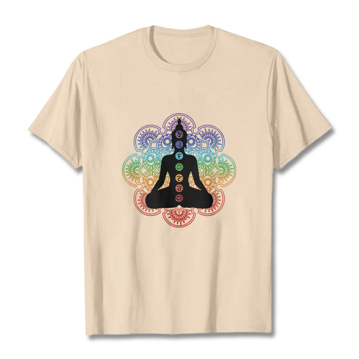 Buddha Stones Lässige meditierende Figur Buntes Mandala-Muster Baumwoll-T-Shirt - Bisque - 2XL - image 9