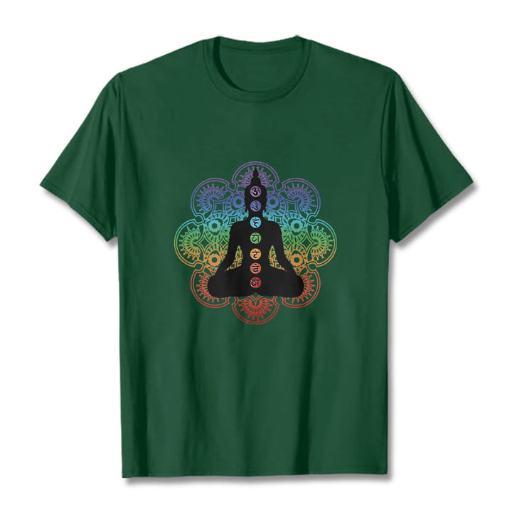 Buddha Stones Lässige meditierende Figur Buntes Mandala-Muster Baumwoll-T-Shirt - WaldGrün - 2XL - image 11