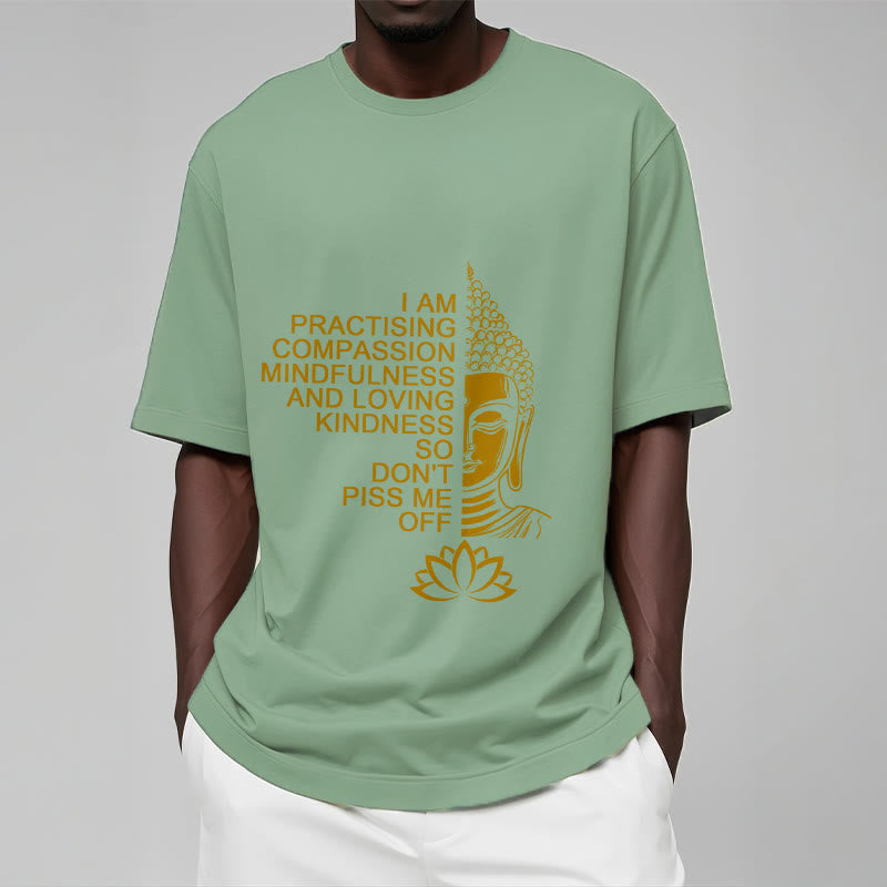 Buddha Stones Lässiges Baumwoll-T-Shirt mit goldenem Buddha-Lotusblumenmuster - image 16