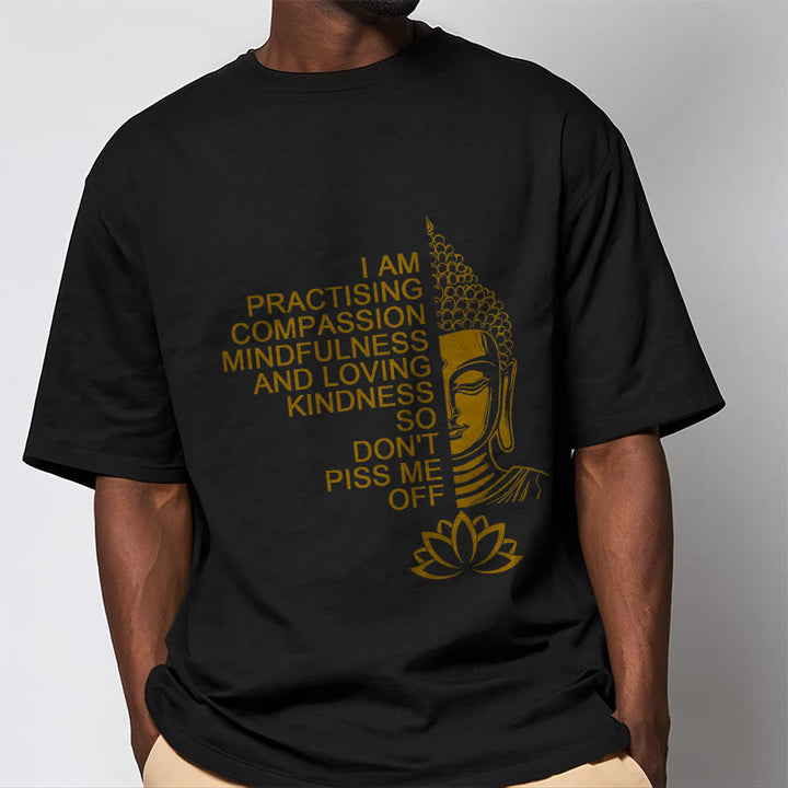 Buddha Stones Lässiges Baumwoll-T-Shirt mit goldenem Buddha-Lotusblumenmuster - image 6