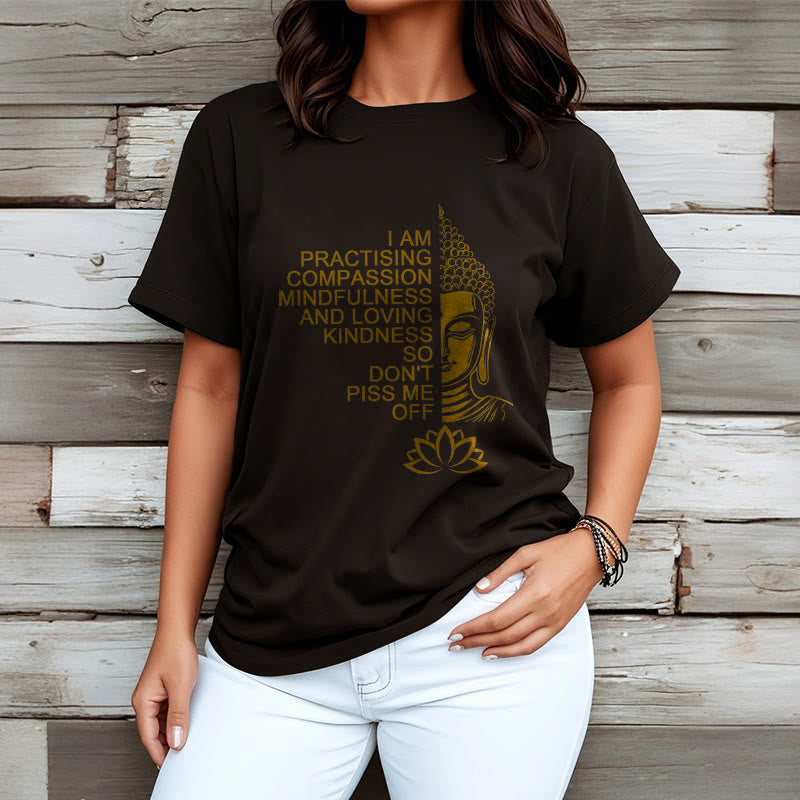 Buddha Stones Lässiges Baumwoll-T-Shirt mit goldenem Buddha-Lotusblumenmuster - image 7