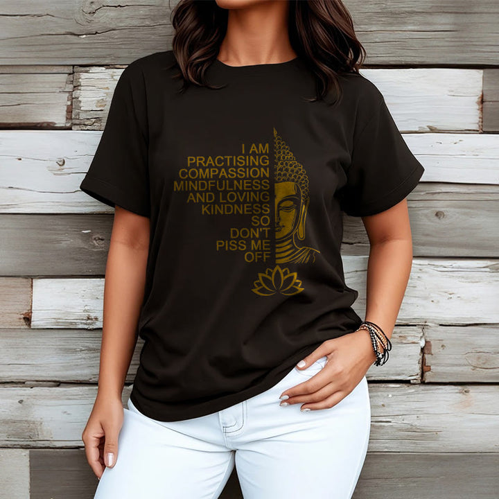 Buddha Stones Lässiges Baumwoll-T-Shirt mit goldenem Buddha-Lotusblumenmuster - image 7