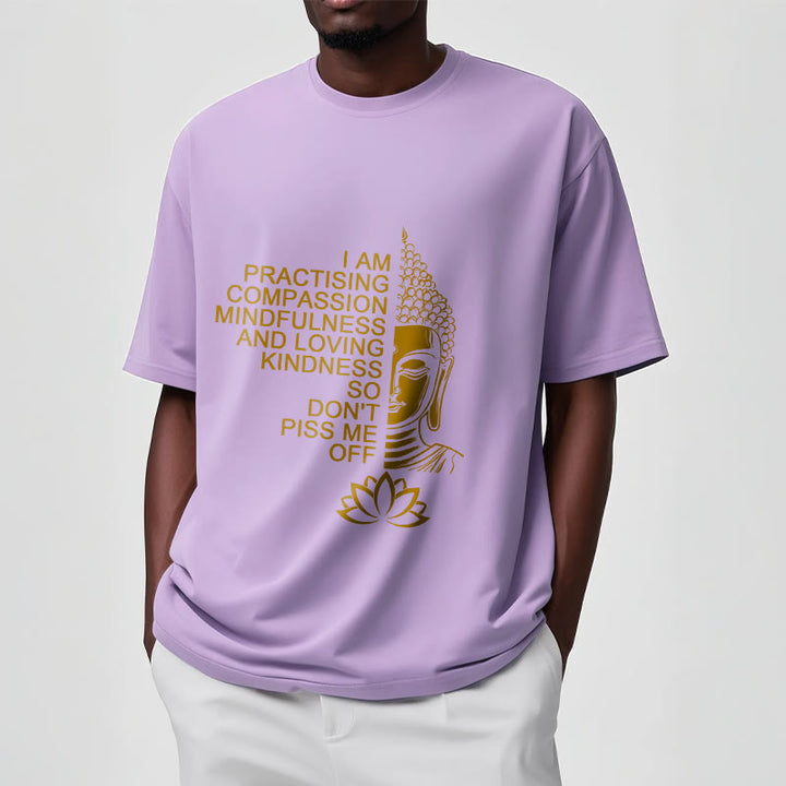 Buddha Stones Lässiges Baumwoll-T-Shirt mit goldenem Buddha-Lotusblumenmuster - image 17
