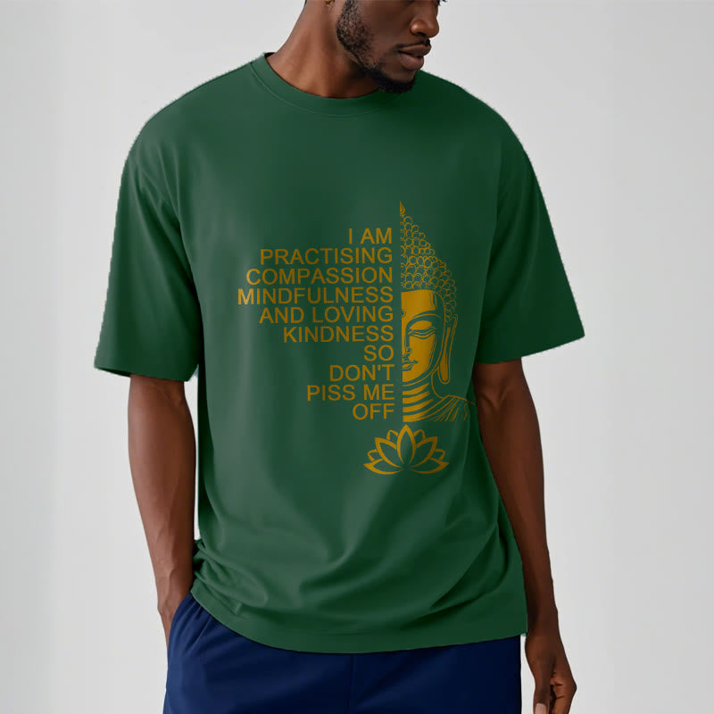 Buddha Stones Lässiges Baumwoll-T-Shirt mit goldenem Buddha-Lotusblumenmuster - image 12