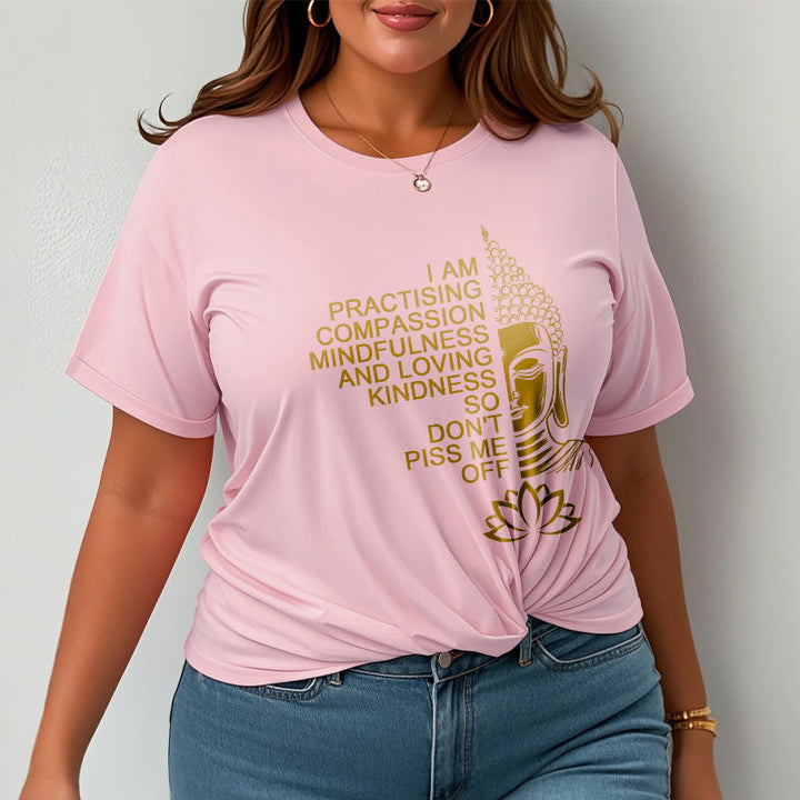 Buddha Stones Lässiges Baumwoll-T-Shirt mit goldenem Buddha-Lotusblumenmuster - image 14