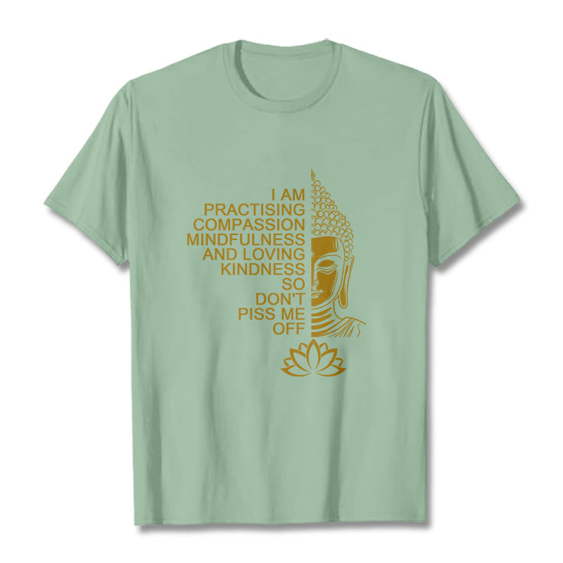 Buddha Stones Lässiges Baumwoll-T-Shirt mit goldenem Buddha-Lotusblumenmuster - Hellgrün - 2XL - image 14