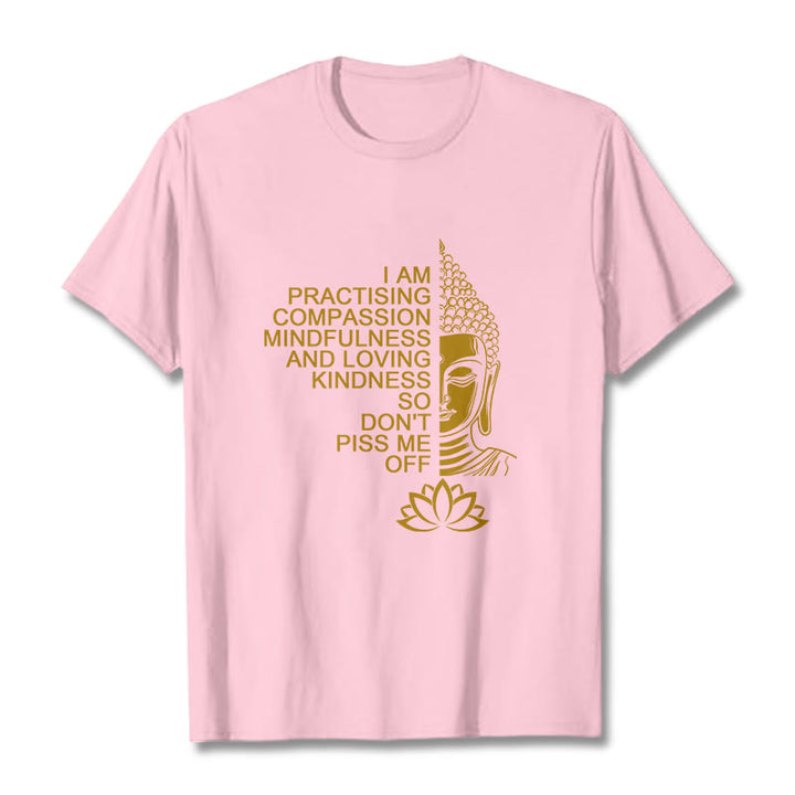 Buddha Stones Lässiges Baumwoll-T-Shirt mit goldenem Buddha-Lotusblumenmuster - Hellrosa - 2XL - image 13