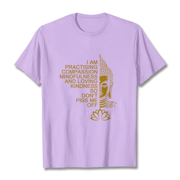 Buddha Stones Lässiges Baumwoll-T-Shirt mit goldenem Buddha-Lotusblumenmuster - Pflaume - 2XL - image 16
