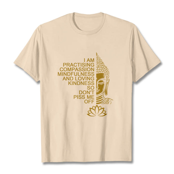 Buddha Stones Lässiges Baumwoll-T-Shirt mit goldenem Buddha-Lotusblumenmuster - Biskuit - 2XL - image 8
