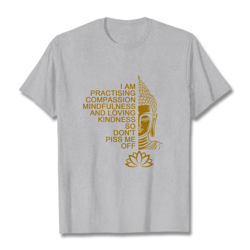 Buddha Stones Lässiges Baumwoll-T-Shirt mit goldenem Buddha-Lotusblumenmuster - Hellgrau - 2XL - image 19