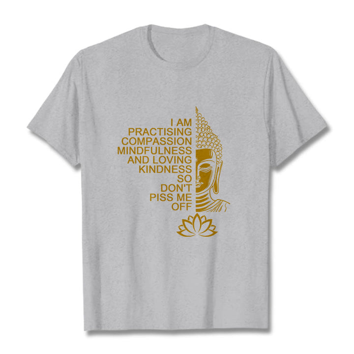 Buddha Stones Lässiges Baumwoll-T-Shirt mit goldenem Buddha-Lotusblumenmuster - Hellgrau - 2XL - image 19