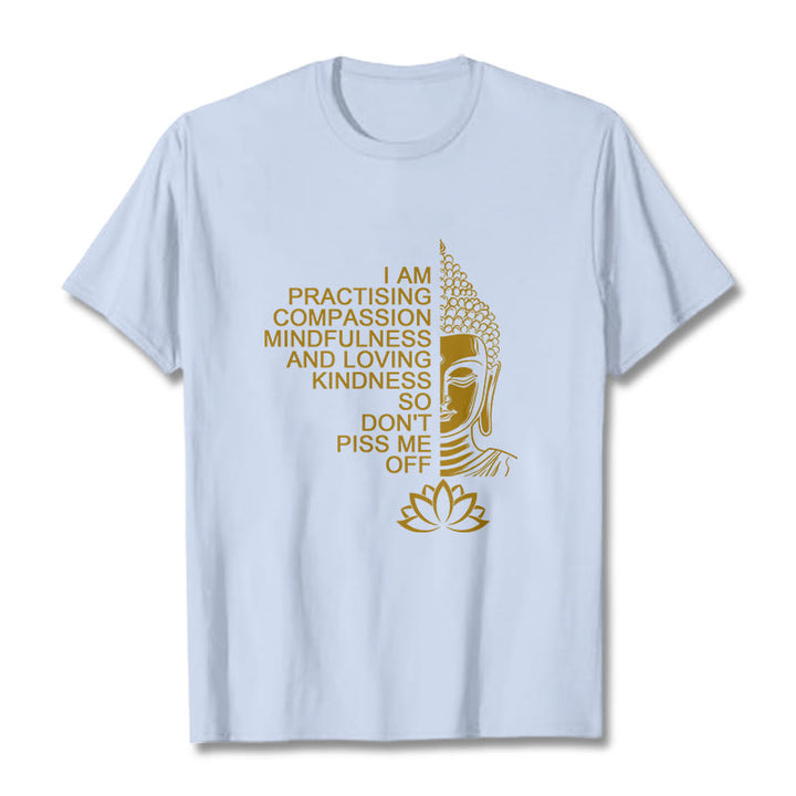 Buddha Stones Lässiges Baumwoll-T-Shirt mit goldenem Buddha-Lotusblumenmuster - HellCyan - 2XL - image 19