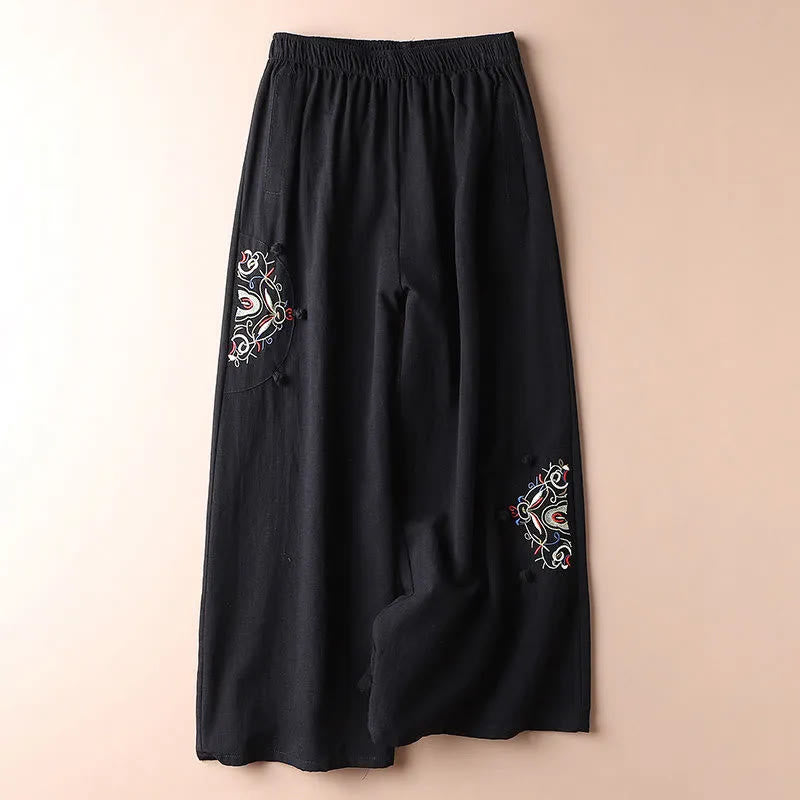 Buddha Stones Spring Ethnic Embroidery Cotton Damenhose mit weitem Bein und Taschen - Schwarz - US12， UK/AU16，EU44 (4XL) - image 12