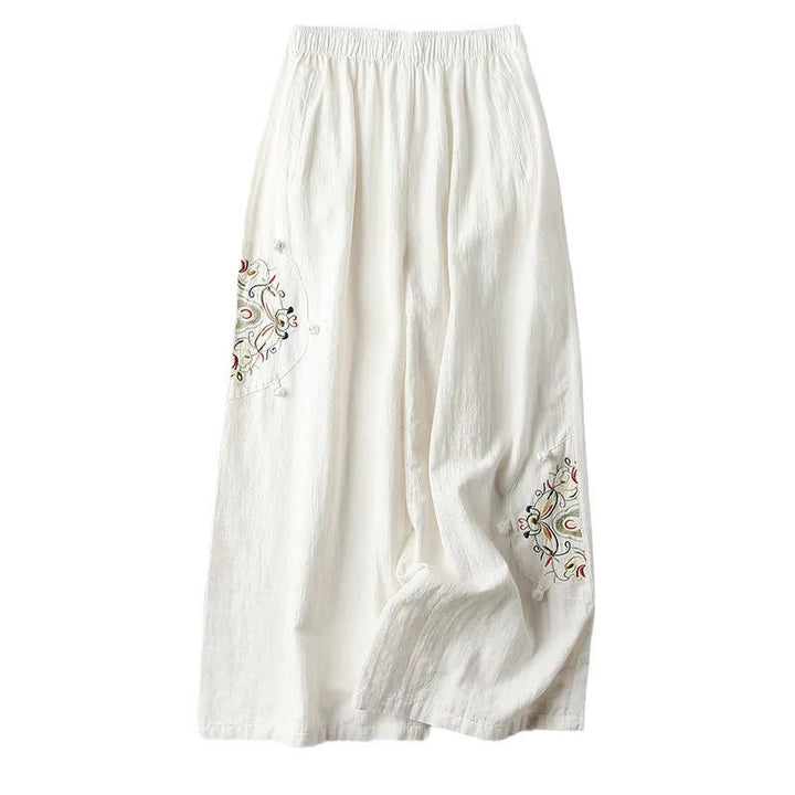 Buddha Stones Spring Ethnic Embroidery Cotton Damenhose mit weitem Bein und Taschen - image 5