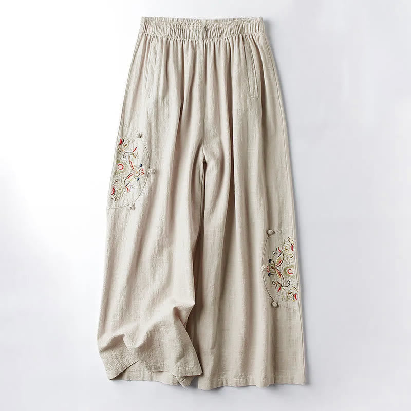 Buddha Stones Spring Ethnic Embroidery Cotton Damenhose mit weitem Bein und Taschen - Leinen - US12， UK/AU16，EU44 (4XL) - image 1