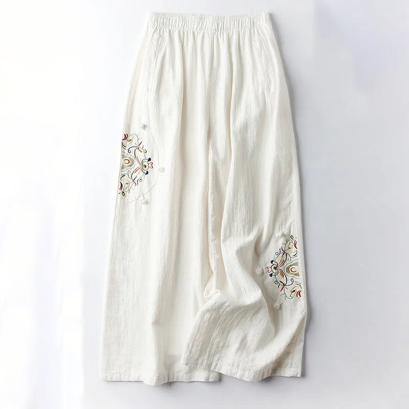 Buddha Stones Spring Ethnic Embroidery Cotton Damenhose mit weitem Bein und Taschen - Alte Spitze - US12， UK/AU16，EU44 (4XL) - image 4