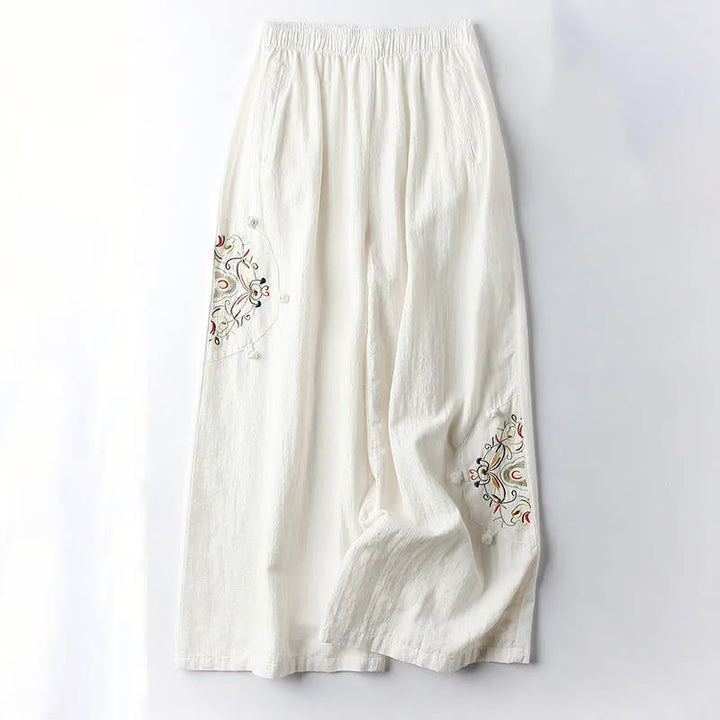Buddha Stones Spring Ethnic Embroidery Cotton Damenhose mit weitem Bein und Taschen - Alte Spitze - US12， UK/AU16，EU44 (4XL) - image 4