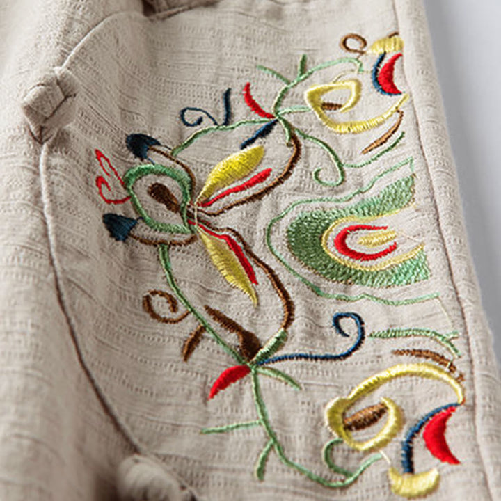 Buddha Stones Spring Ethnic Embroidery Cotton Damenhose mit weitem Bein und Taschen - image 3
